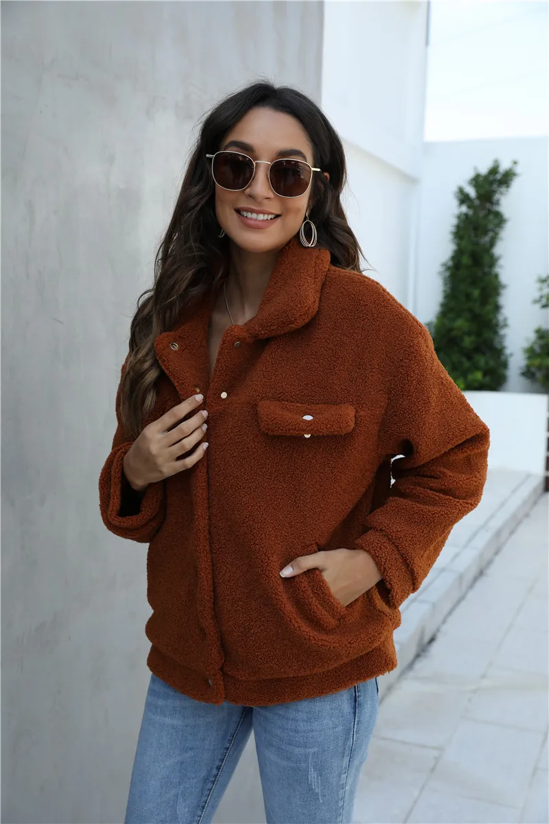 

Lapel Neck Coat Women Button Down Fuzzy Jackets Winter Casual Warm Fluffy Fleece Long Sleeve Pockets Single Breasted Coat