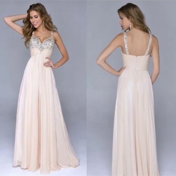 

2018 A Line Sweetheart Long Prom gown Beaded Spaghetti Straps Custom Made Chiffon Zipper Sleeveless Party bridesmaid dresses