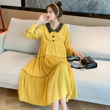 

8880# Autumn Spring Korean Fashion Patchwork Loose Maternity Long Party Dress Elegant Slim Clothes for Pregnant Women Pregnancy
