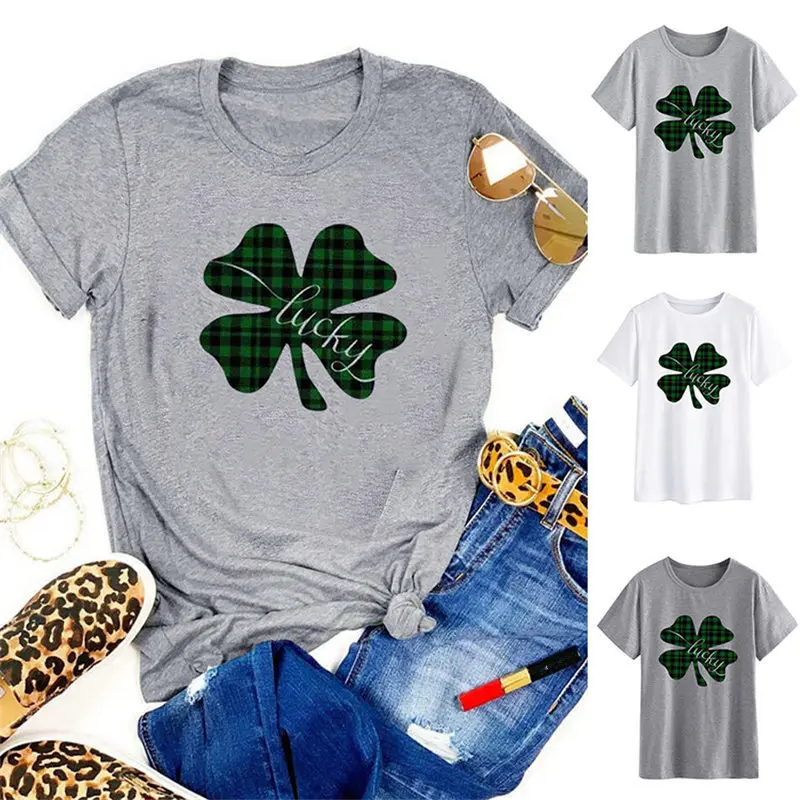 

Women Lucky Shamrock Plaid Hipster Graphics Trendy Floral Top Ladies Streetwear Letters Casual Tee Slogan Crew Neck T-Shirt