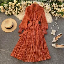 

Spring And Summer French Vintage Maxi Dress 2021 Sundress Ladies Long Sleeve Orange Polka Dot Chiffon Pleatedslim fit Dresses