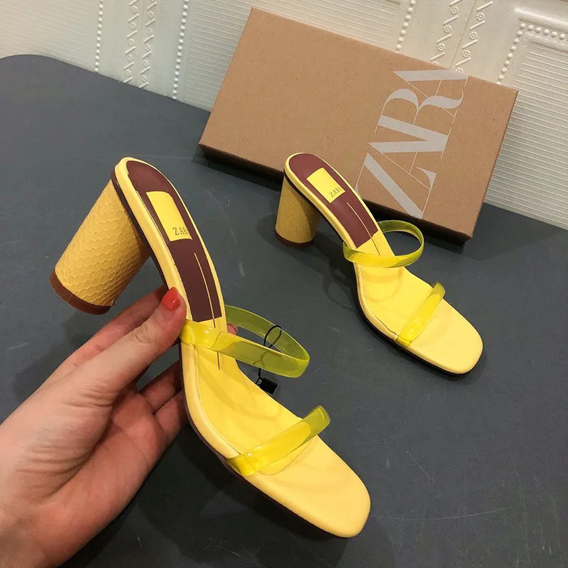 ZAR Women's Shoes 2020 New Thick Heel Sandals Open Toe With Transparent Square Toe Mid-High Heel Sandals And Slippers Plus Size