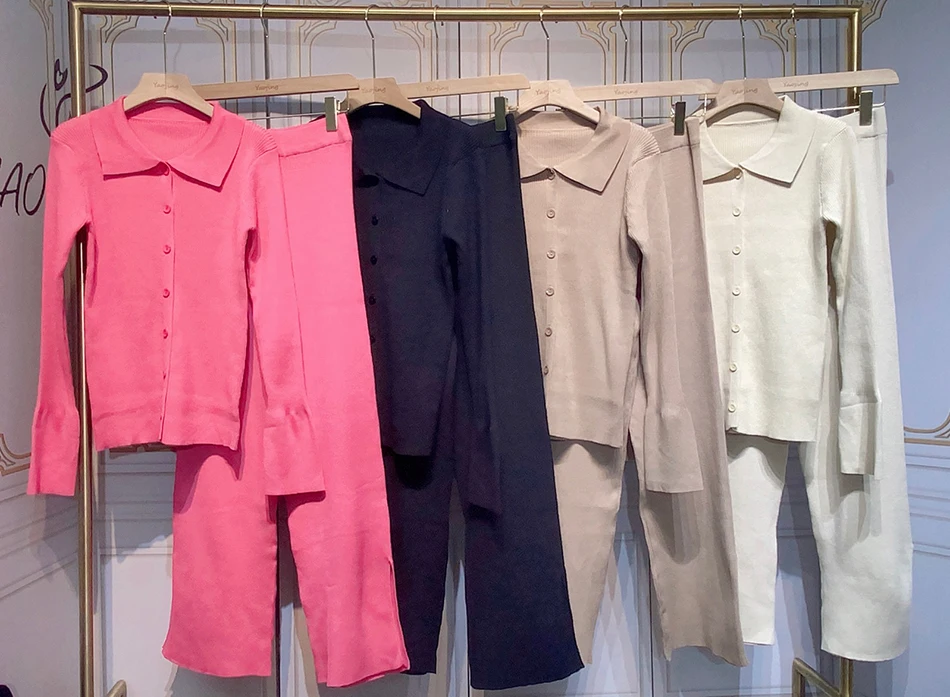 High Quality Fashion Women'S Knitted Slim 2 Two-Piece Set 2021 Spring Sexy V Long-Sleeved Button Top + Pants Casual Suit skirt suit set