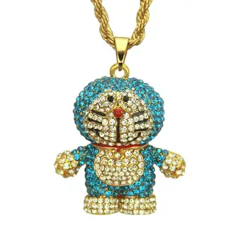 

Hip Hop Rhinestones Paved Bling Iced Out Doraemon Cartoon Cat Pendants Necklace for Men Rapper Jewelry Drop Shipping
