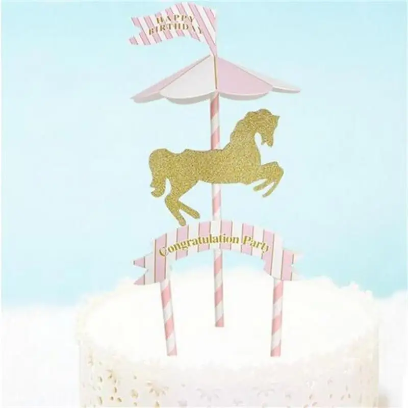 Birthday Cartoon Carousel Theme Cake Topper Picks Flag Kids Decoration Cupcake A 
