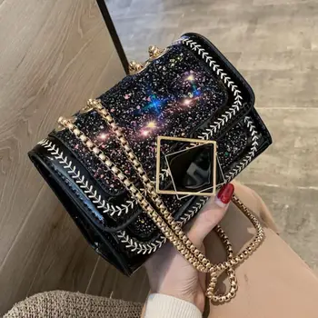 

Sequins Square Crossbody Bag 2019 Winter New Quality Patent Leather Women's Designer Handbag Lock Chain Shoulder Messenger Bag