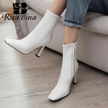 

RizaBina 5 Color Ankle Boots For Women Genuine Leather Square Toe Winter Shoes Women Zipper High Heels Short Boots Size 33-43