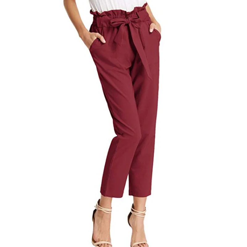 Женские укороченные брюки с высокой талией, винтажные модные штаны с карманами, однотонные брюки размера плюс, Женские рабочие брюки