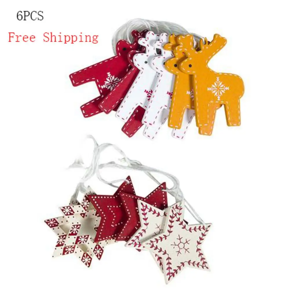 

6PCS/Set Christmas Print Elk Snowflake Pendant Wooden Christmas Tree Pendant New Year Gift Xmas Hanging Decorations
