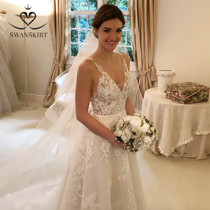 Слоновая кость Vestido de Noiva кружевное свадебное платье с аппликацией, юбка-лебедка, винтажное платье принцессы трапециевидной формы с v-образным вырезом и бисером, платье невесты WY12 - Цвет: Слоновая кость