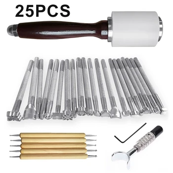 

25*Leather Craft Tool Kit Carving Stamp Manual Hammer Swivel Cutter Set Portable