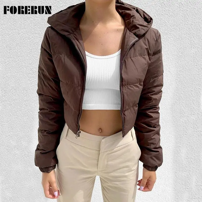 

FORERUN Short Puffer Jacket Women Solid Hooded Bombers Simple Fashion Cotton Padded Autumn Winter Brown Bubble Coat