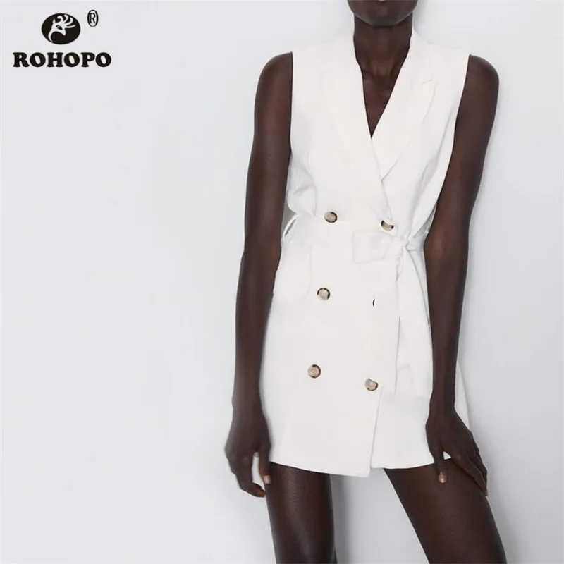 

ROHOPO Double Breast Buttons Woman Belted White Long Vest Notched Collar Sleeveless Ladies Chic Solid Slim Outwear #9446