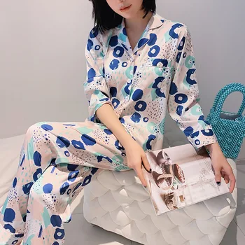 

2 Pcs Turn-Down Collar Pyjama Nightwear Women Long Sleeve Sleepwear Female Printed Pajamas Sets Casual Homewear Top+Pants Pijama