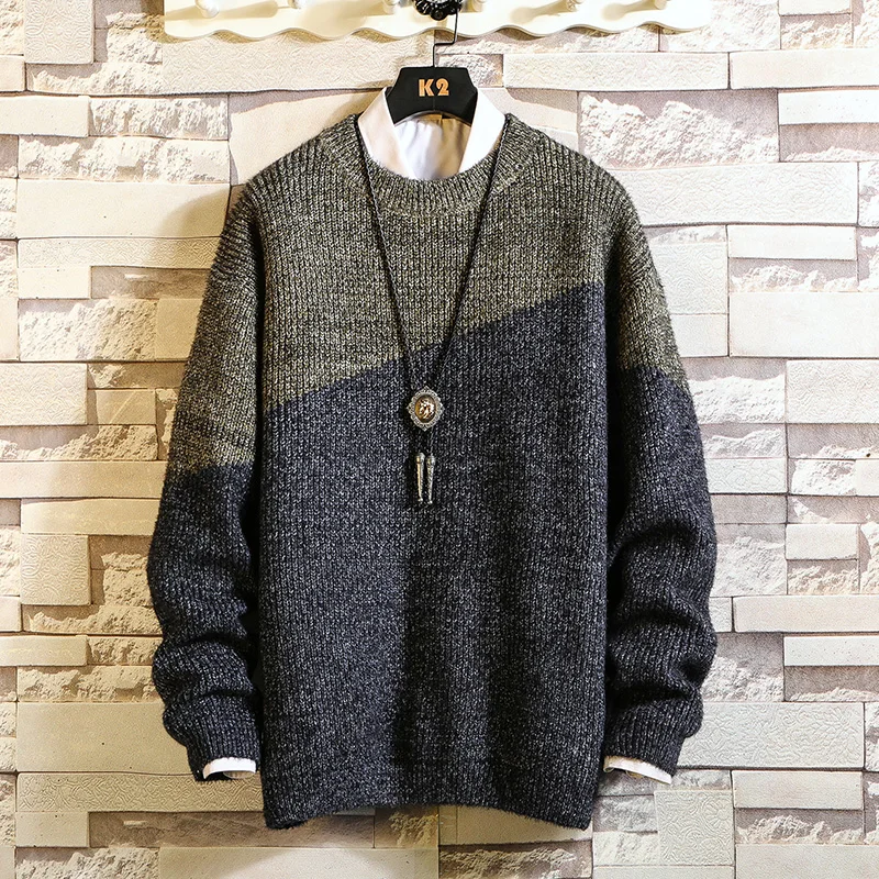 

2019 Winter Thick Warm Men Sweaters Slim Fit Knittwear Casual Pullover Male O-Neck Patchwork Sweater Men Pull Homme