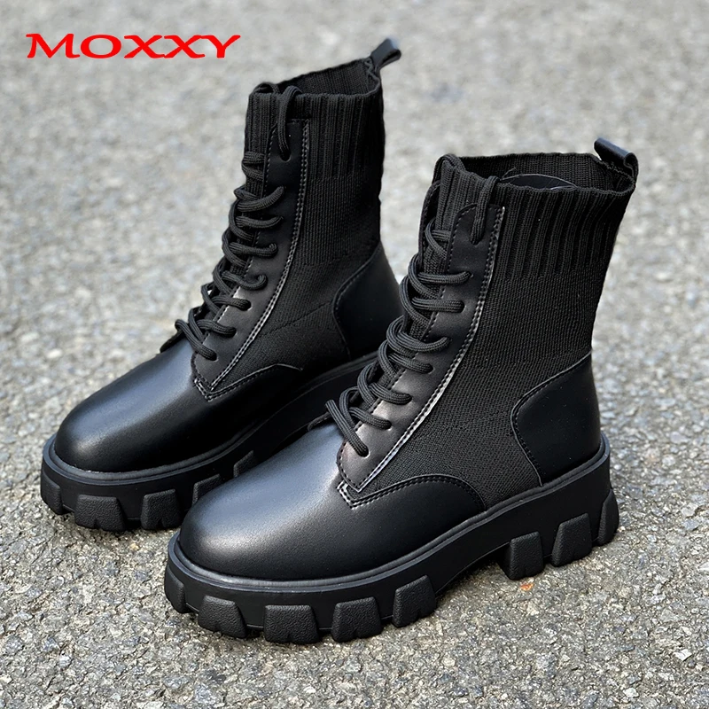 2019 New Army Combat Boots Women Lace Up Gothic Black Sock Platform Boots Leather Martin Ankle Boots Women Shoes Botas Mujer