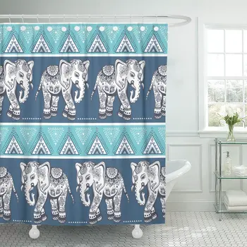 

Vintage Graphic Indian Lotus Ethnic Elephant African Tribal Coloring Shower Curtains Waterproof Polyester Fabric 72 x 78 inches