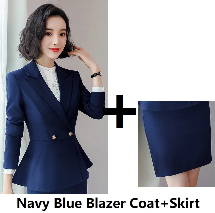 Navy Blue Высококачественная ткань Формальные женские деловые костюмы с юбкой и курткой пальто женские офисные блейзеры осень зима OL стили - Цвет: Navy Blue