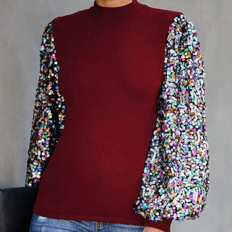 Blouse shirt women lantern sleeve sequin splicing O-neck women blouses casual office ladies tops st