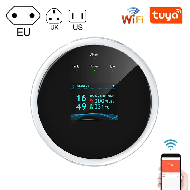 Умный датчик утечки газа Tuya Wi-Fi с функцией температуры и ЖК-дисплеем работает