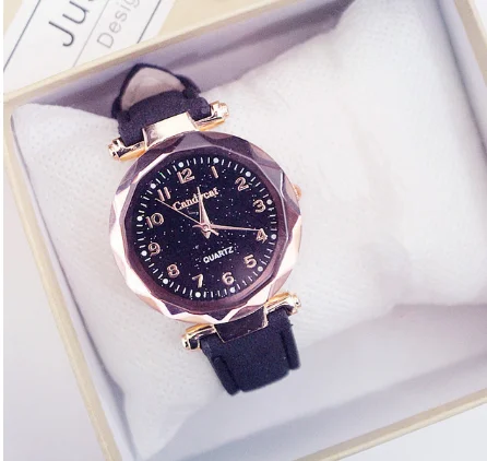 Frauen Uhren очаровательное звездное небо Uhr Frauen повседневное Leder Band Damen Armbanduhr Kleid quaris Uhr montre femme reloj mujer - Цвет: black