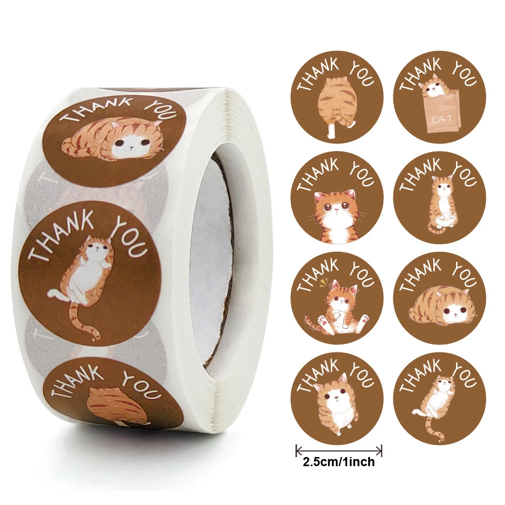 Kawaii Cat Thank You Stickers 100-500pcs Round Cartoon Animal Adhesive Labels