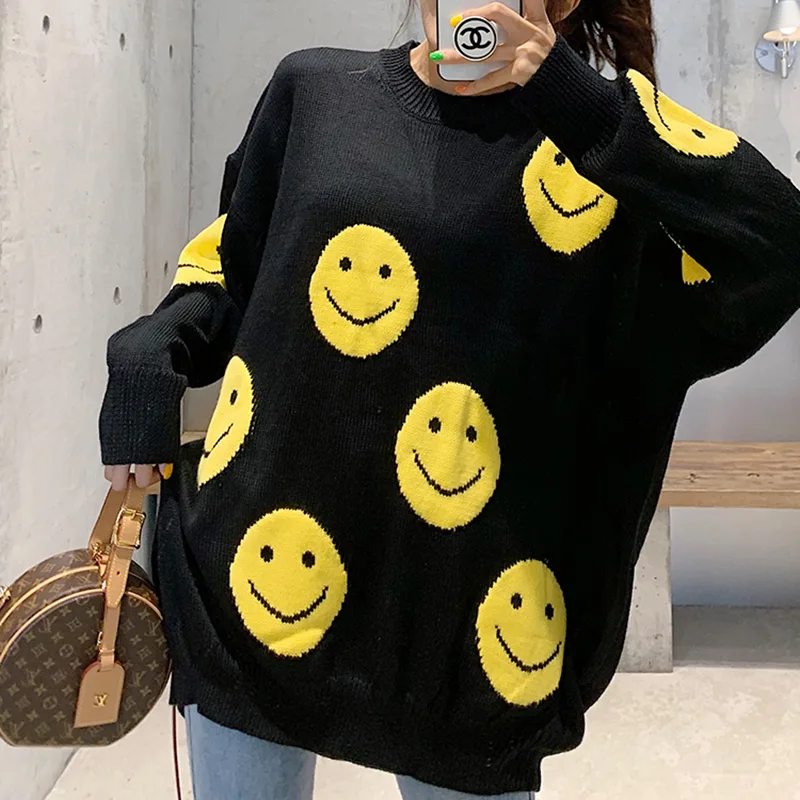 Женский черный свитер большого размера 2019 осень зима улыбка лицо жаккард