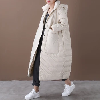 

Oversized Loose Cotton Beige Women Coat Winter New Hooded Long Knee-Length Casual All Match Female Outwear Tops