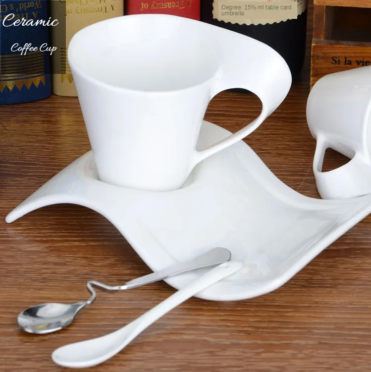 Creative wavy ceramic fancy coffee cup and saucer set European small
