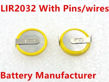 

500pcs/lot LIR2032 2032 3.6V 40mAh Lithium rechargeable battery button cell with pins / wires / connector
