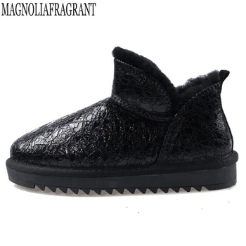 

Genuine Leather Ankle Snow Boots Cow waterproof boots women 2019 Plush Female Winter Flats Warm Shoes Fur one Cotton shoes y361