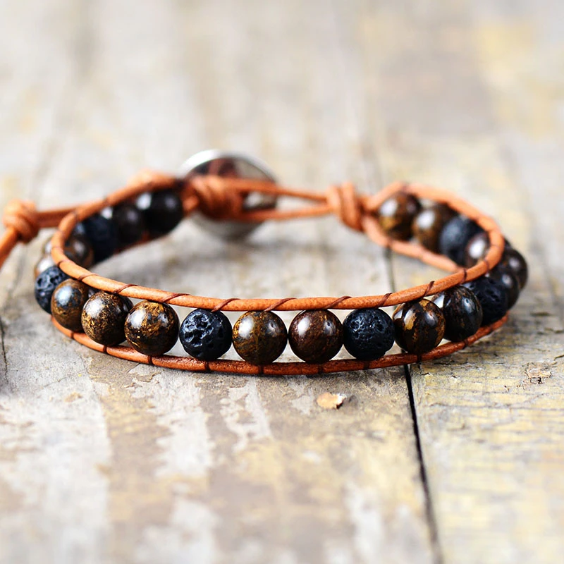 Pulsera de cuero con piedra de Lava para hombre, brazalete con cuentas tejidas, Estilo Vintage, hecha a mano, masculina, 6MM|beaded jewelry|leather wrapbracelet vintage AliExpress