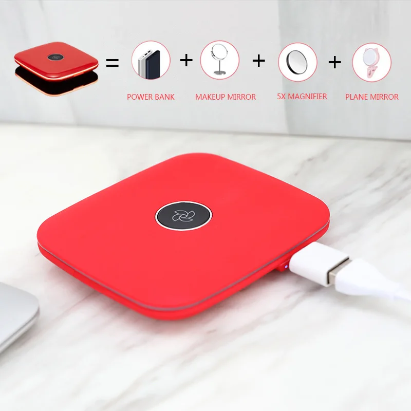 

4-in-1Dimmable Makeup Mirror Wireless Charger 2000mAh Power Bank Portable Phone Quick Charger Mini Circular Make up Mirror