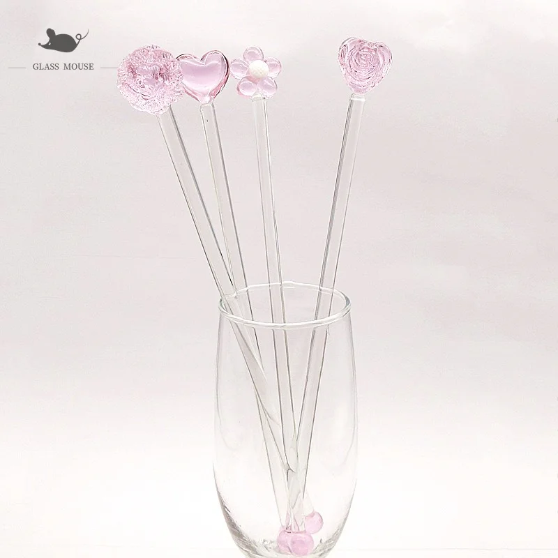4pcs custom glass Cocktail Stirrer Swizzle Stick coffee stirrer Bar tableware handmade pink glass flower ornament 2