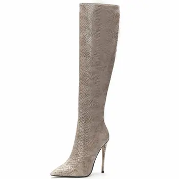 

Gray Apricot Brown Brand Designer Faux Leather Women Knee High Boots Pointed Toe Boots Women Long Super High Heel Zipper Boots