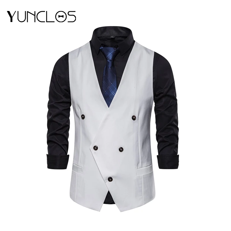 

YUNCLOS White Double-breasted Men Vest V Collar Senior Banquet Business Casual Men Vest Fast Delivery Men Vest Fashion