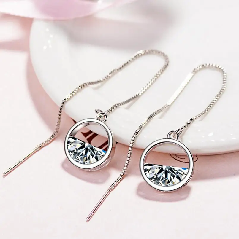 

925 Sterling Silver Dazzling CZ Zirconia Charm Round Drop Earrings For Women Long Tassel Earrings Ear Line pendientes S-E492