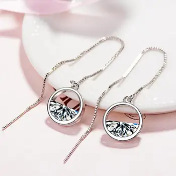 

925 Sterling Silver Dazzling CZ Zirconia Charm Round Drop Earrings For Women Long Tassel Earrings Ear Line pendientes S-E492