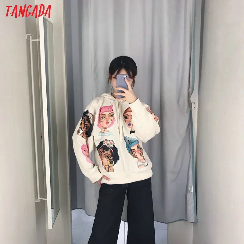 Tangada для женщин мультфильм печати белые кофты оверсайз с длинным рукавом свободный капюшон пуловеры повседневные женские топы CE110