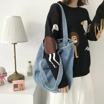 

New Design Women Denim Shoulder Bag Female Cotton Canvas Fabric Handbag Female Shopping Bag School Books Bag Ladies' Casual Tote