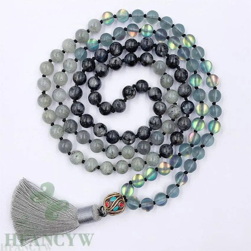 6mm Moonstone Gemstone 108 Beads Tassel Knotted Mala Necklace Elegant Chakra Cuff Reiki Wrist Meditation Bless Chic Handmade