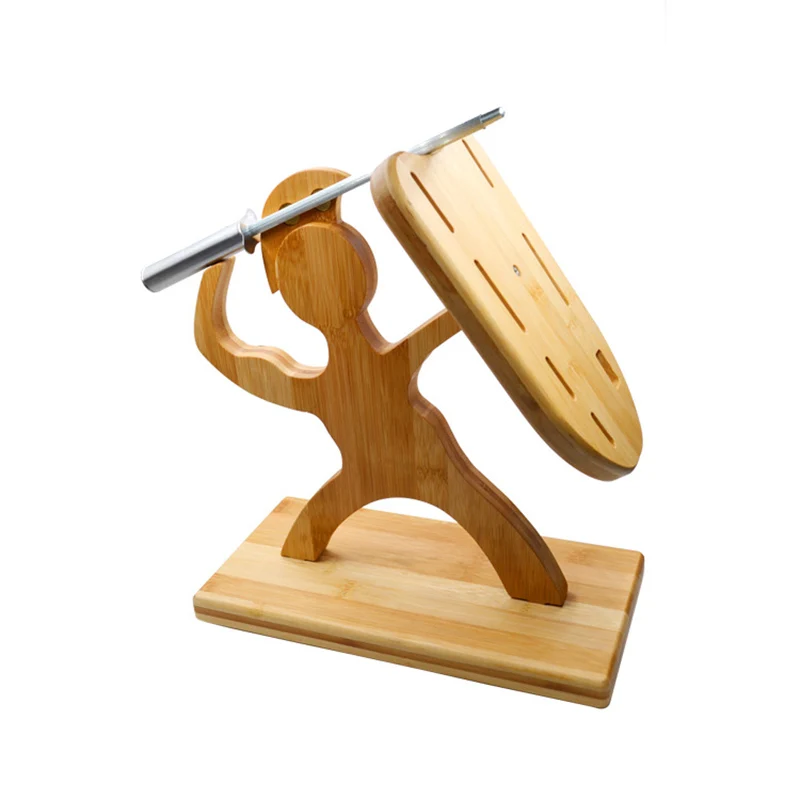 Human Shape Bamboo Wood Knife Holder Solid Kitchen Knife Block Multifunction Storage Rack Scissor Sharpening Stick Organizer