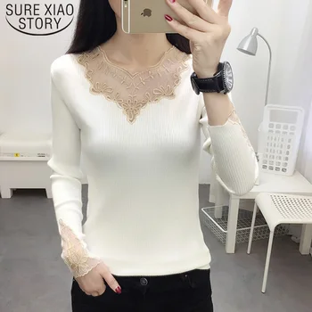 

2019 New Autumn Winter Lace Bottom Shirts V-neck Long Sleeve Slim Women Sweaters Knit Embroidered Winter Clothes Women 7141 50