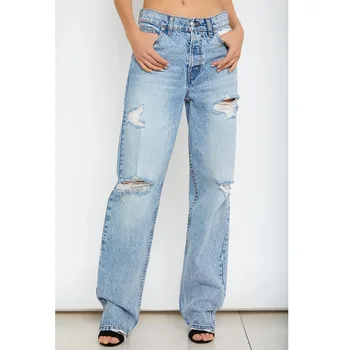 

2019 new ladies retro jeans women fashion hole loose jeans straight high waist jeans hole ladies denim trousers