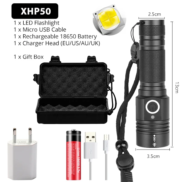 Package E Яркий светодиодный фонарь XHP50, тактический фонарь, USB Перезаряжаемый, Linterna, водонепроницаемая лампа, яркий фонарь, с батареей 18650 - Испускаемый цвет: Package E