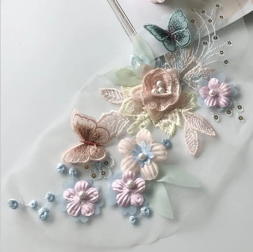 1 PC Embroidery 3D Floral Butterfly Lace Applique Patch Delicate Pearl Lace Wedding Clothing Decoration Sewing DIY Accessories lace sewing accessories lace sewing supplies lace accessories lace garment accessories clothing accessories lace decoration clothing craft accessories sewing patches