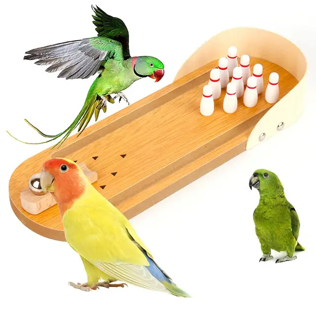 US $3.65 Pet Bird Parrot Wooden Bowling Game Desktop Educational Puzzle Training Toy Calm wooden base highq