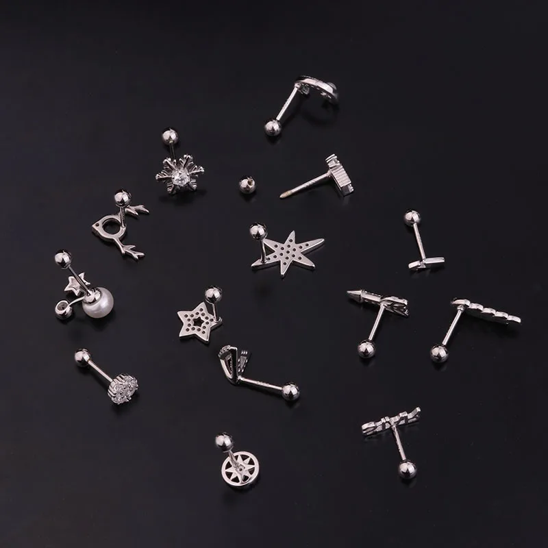 1pc Silver Color Star Crystal CZ Cartilage Piercing Stud Earrings Helix For Women Jewelry Tragus Rook Earlobe Screw Back Earring | Украшения
