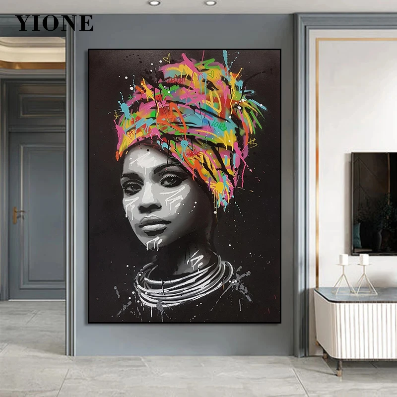 Abstract Black Colorful Graffiti African Woman Canvas Posters and Prints Custom Art Figure Picture Wall Painting for Living Room