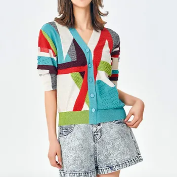 

Contrast Color Crop Cardigan Women Short Sweater Coat 2020 New Multi Color Patchwork V-neck Single Breasted Half Sleeve Cardigan